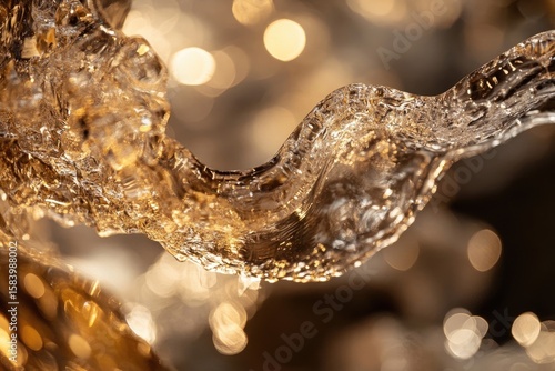 Detailed macro shot of textured clear ice, shimmering with golden light and abstract bokeh background, creating a mesmerizing winter scene.