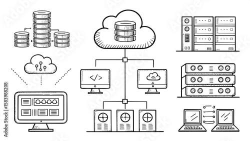 A collection of sketch-style icons representing cloud computing infrastructure, such as servers, cloud databases, data centers, virtual machines, and distributed networks. Icons are arranged in a unif