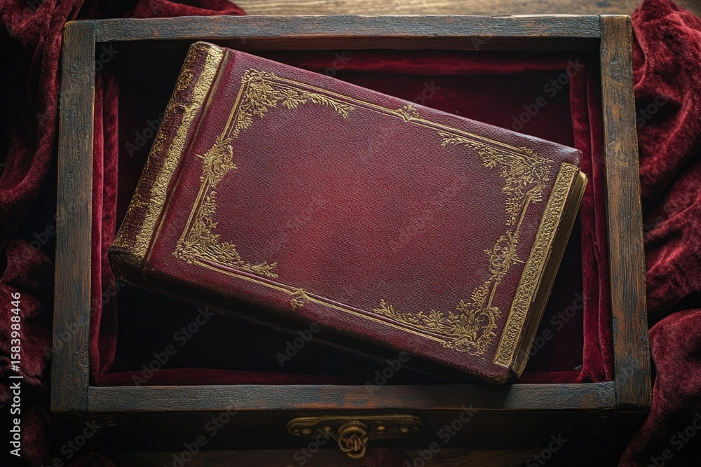 Fototapeta premium A beautifully ornamented, antique book resting in a dark wooden box with velvet lining.