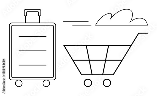 Luggage and shopping cart with movement lines and a cloud, symbolizing travel, shopping, delivery, logistics, e-commerce, retail, and mobility. Ideal for simple flat metaphor
