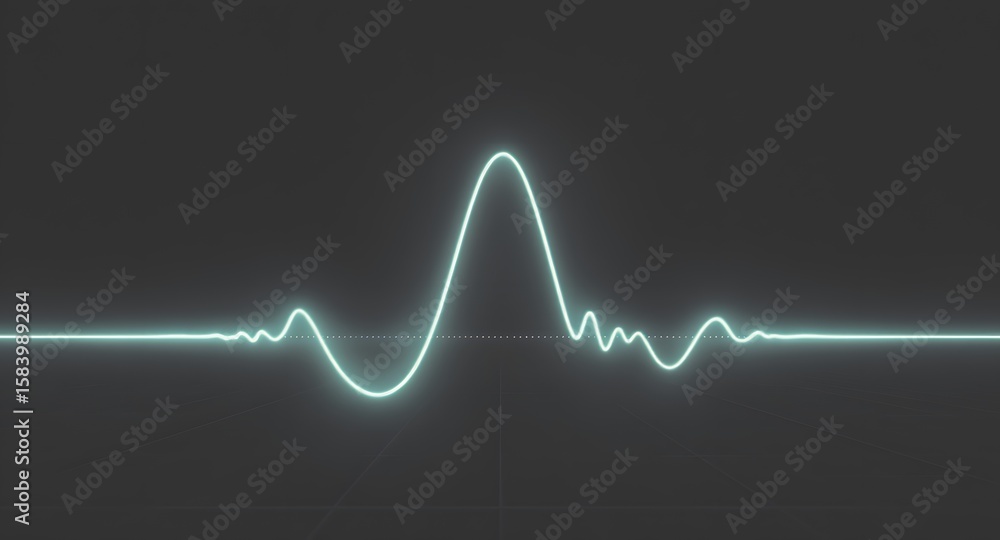 Fototapeta premium Abstract neon-glowing waveform pulse against a dark background featuring a horizontal line with a central peak and oscillating sections visualizing audio or data.