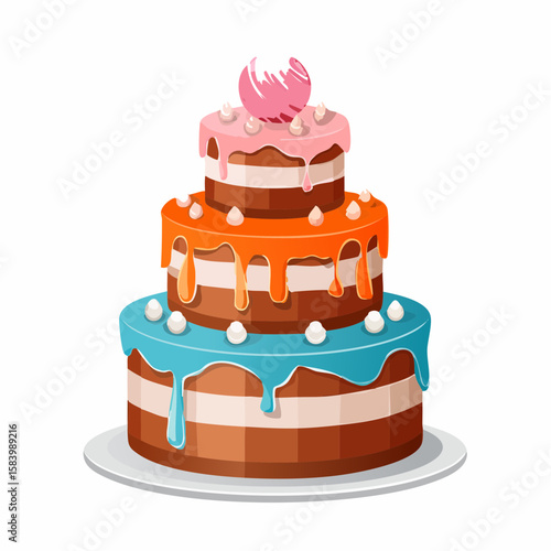 Three-tier colorful cake with bow, candy, and bright fondant in polka dot and stripe pattern. Fun and festive design on white background, ideal for birthday or party themes.