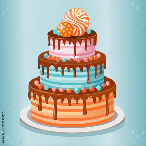 Three-tier colorful cake with bow, candy, and bright fondant in polka dot and stripe pattern. Fun and festive design on white background, ideal for birthday or party themes.