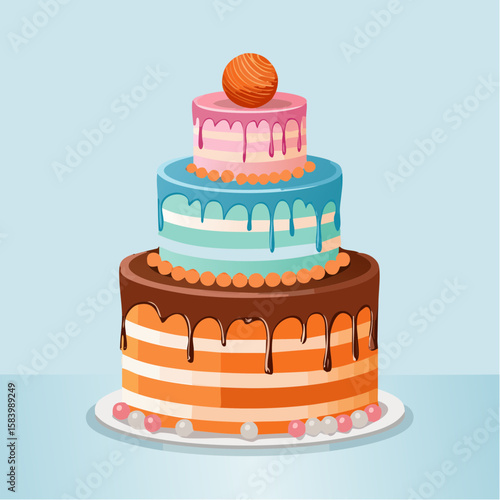 Three-tier colorful cake with bow, candy, and bright fondant in polka dot and stripe pattern. Fun and festive design on white background, ideal for birthday or party themes.