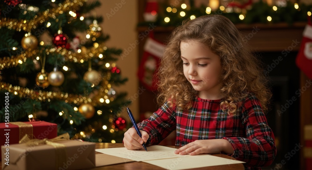 A young girl writes a letter at a table near a decorated Christmas tree. A young girl writes a letter at a table near a decorated Christmas tree.