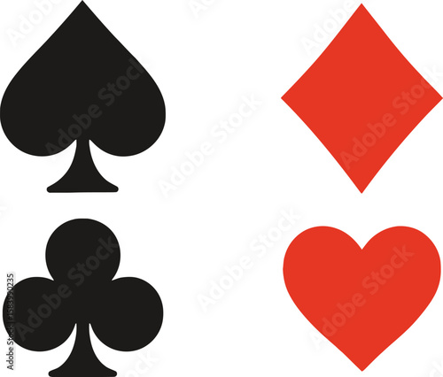 Four suits of a standard deck of playing cards. Spade club, diamond, heart play cards suit, WHOT icon, editable vector illustration. 