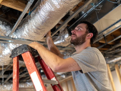 Handyman on Ladder Inspecting HVAC Ductwork in Home Basement