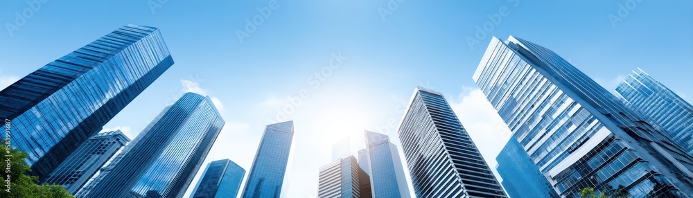 A finance district concept, view of modern glass skyscrapers from low angle against blue sky, for Advertise, for banner, with copy space A finance district concept, view of modern glass skyscrapers from low angle against blue sky, for Advertise, for banner, with copy space