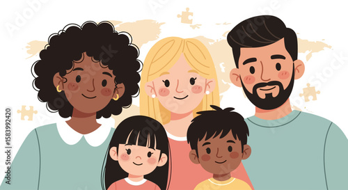 Diverse Happy Family Portrait Illustration.