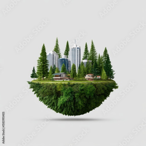 An eco planet concept, 3D illustration of globe covered in forest, trees, and buildings, for Advertise, for banner, with copy space