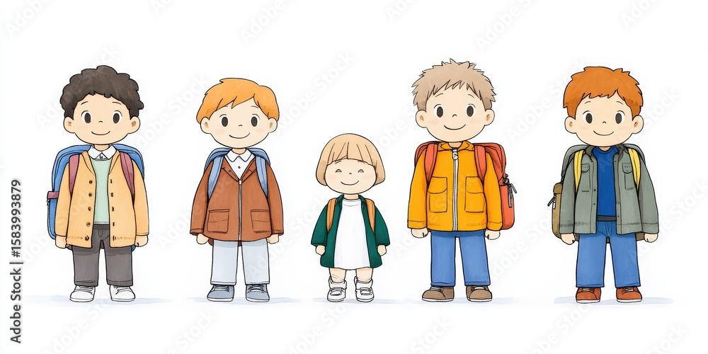 Happy children group cartoon school illustration. Students with backpacks, young friends in casual clothes. Education, friendship, childhood, colorful drawing, modern concept, community, unity. Happy children group cartoon school illustration. Students with backpacks, young friends in casual clothes. Education, friendship, childhood, colorful drawing, modern concept, community, unity.