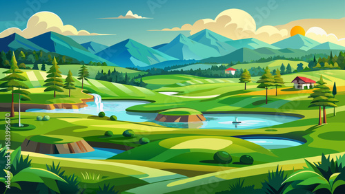 Panoramic view of Golf Course. Golf field with a rich green turf beautiful scenery