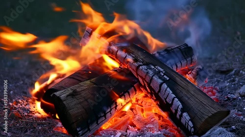campfire logs burning with glowing embers warm light