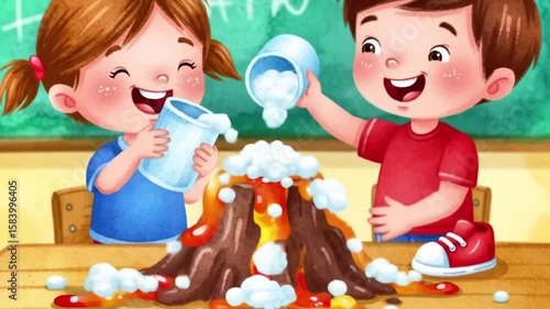 Children doing simple volcano experiment in classroom, giggling, watercolor animation