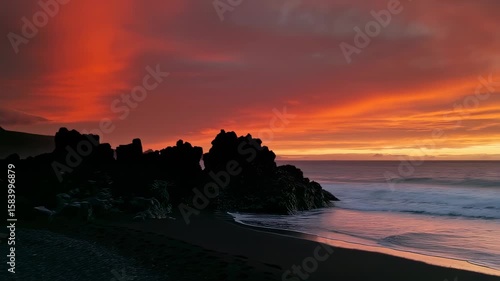 quiet beach with lava rocks under fiery sky