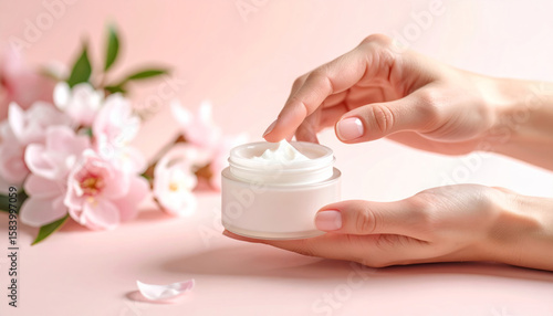 Mano aplicando crema facial en fondo rosa claro, imagen estética de cuidado personal, suavidad y belleza natural, perfecta para rutinas de skincare