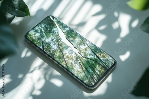 Wallpaper Mural A cracked smartphone screen displays a forest image, casting shadows among greenery, blending technology with nature. Torontodigital.ca