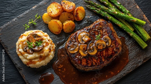 Steak madeira sauce with golden mushrooms topping tender beef filet on rustic slate serving board, paired with herb potatoes and grilled asparagus