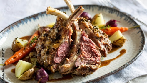 Lamb shoulder confit with herb crust on ceramic platter, surrounded by roasted vegetables and rich jus, professional food photography with natural lighting