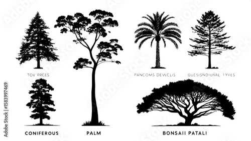 Collection of black silhouette top-down views of trees categorized by type: coniferous, deciduous, palm, and bonsai. Displayed in separate quadrants on a white canvas for comparison. Style is clean, s