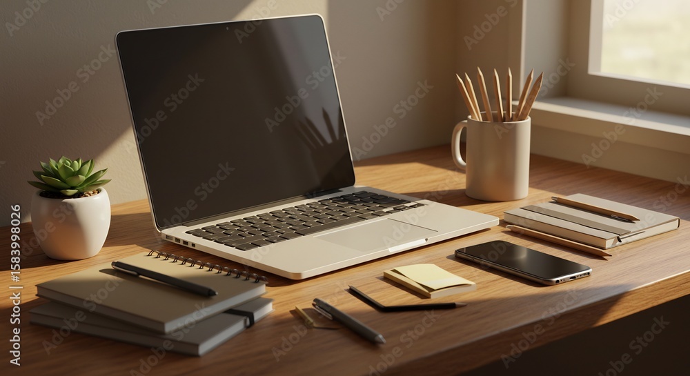 Fototapeta premium Minimalist Workspace with Laptop, Notebooks, and Natural Light