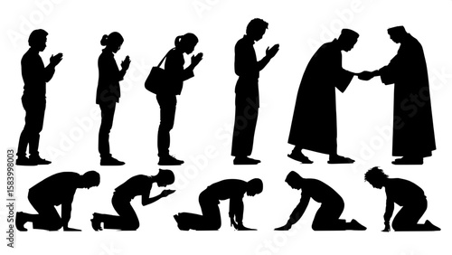 An organized array of people in silhouette engaging in cultural or social rituals, like praying, meditating, bowing, hugging, or shaking hands. The focus is on posture and symbolic interaction. The ba