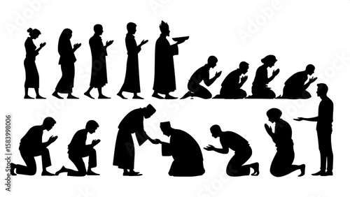 An organized array of people in silhouette engaging in cultural or social rituals, like praying, meditating, bowing, hugging, or shaking hands. The focus is on posture and symbolic interaction. The ba