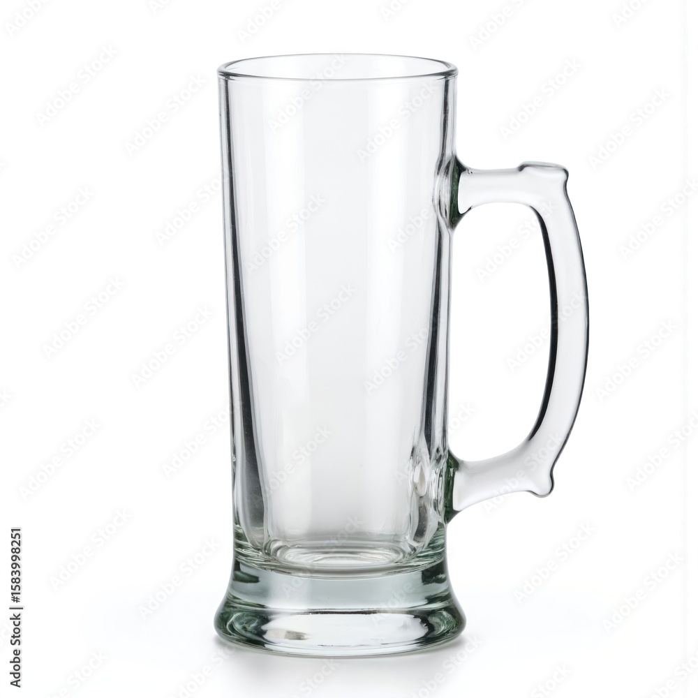 Clear glass beer mug rests on white background. Empty mug is ready to be filled. Central placement with handle at top right corner adds balance to composition. Clear glass beer mug rests on white background. Empty mug is ready to be filled. Central placement with handle at top right corner adds balance to composition.