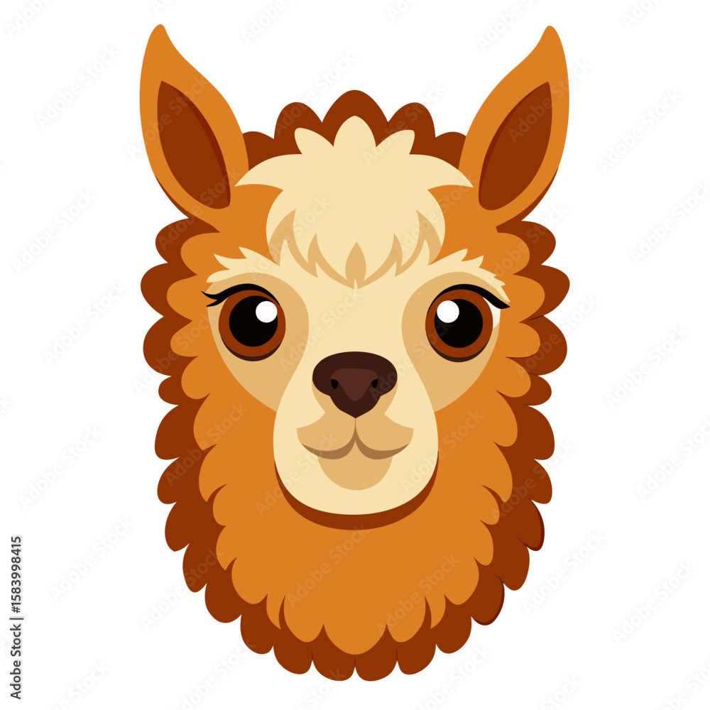 Obraz premium Cute cartoon llama face with big eyes and fluffy brown fur