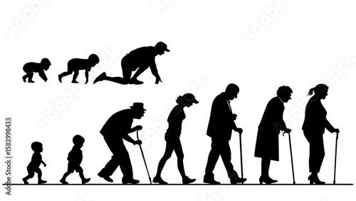 A silhouette grid depicting people of different ages and life stages, from babies crawling to elders with canes. Each figure or group represents a phase of life, placed on a white background in a clea
