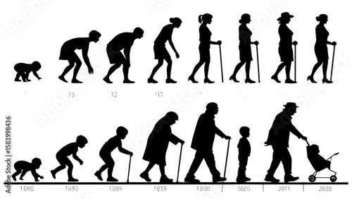 A silhouette grid depicting people of different ages and life stages, from babies crawling to elders with canes. Each figure or group represents a phase of life, placed on a white background in a clea