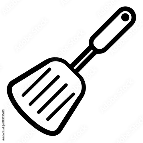 Simple black outline icon of a kitchen spatula with a slotted head and handle