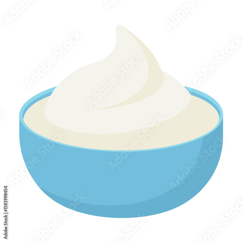 A blue bowl filled with creamy white yogurt or sour cream