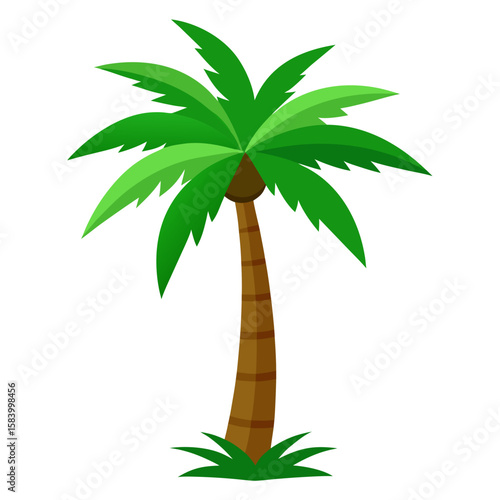 Stylized cartoon palm tree with green fronds and brown trunk on white background