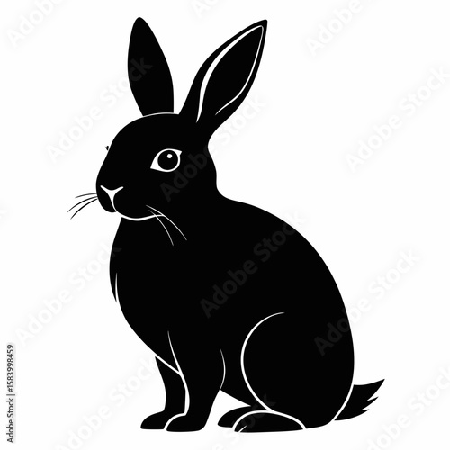 Black silhouette of a cute rabbit sitting on a white background
