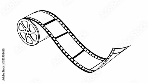 Black and white film reel with a strip of movie film unspooling