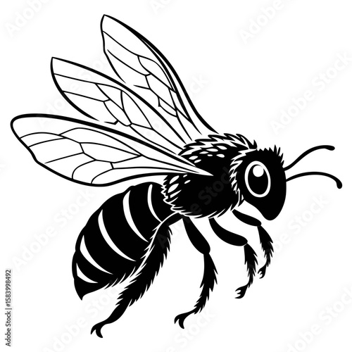 Stylized black and white illustration of a flying honey bee