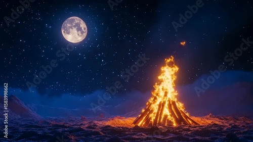 Bonfire under a night sky with a full moon