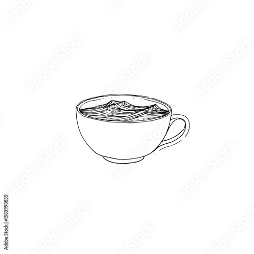 Minimalist monochromic line art illustration of teacup holding miniature ocean plain white background