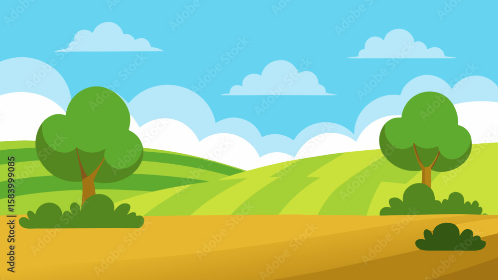 Naklejka premium Cartoon landscape with rolling green hills and trees under a blue sky