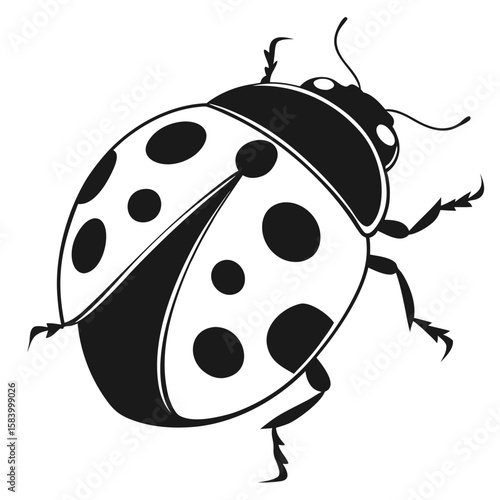 Black and white graphic illustration of a ladybug with spots on a white background