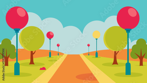 Bright and cheerful park scene with a pathway and decorative lamps