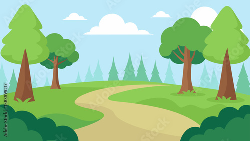 A winding dirt path leads through a green landscape with trees and clouds
