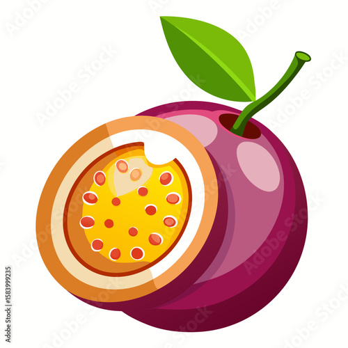 Vibrant purple passion fruit sliced in half revealing yellow pulp and seeds