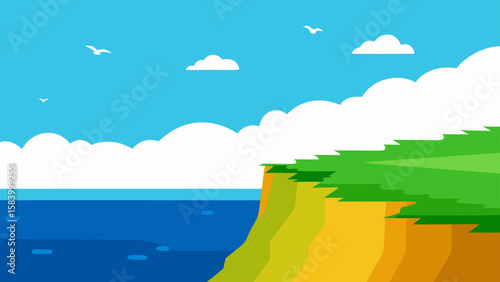 Flat design illustration of a coastal cliff overlooking a blue ocean under a bright sky