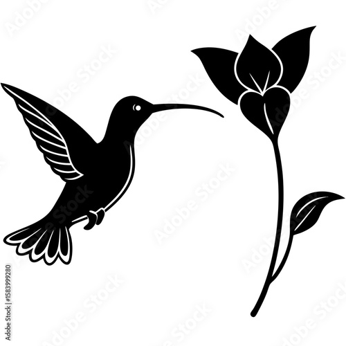 Stylized black silhouette of a hummingbird hovering near a flower