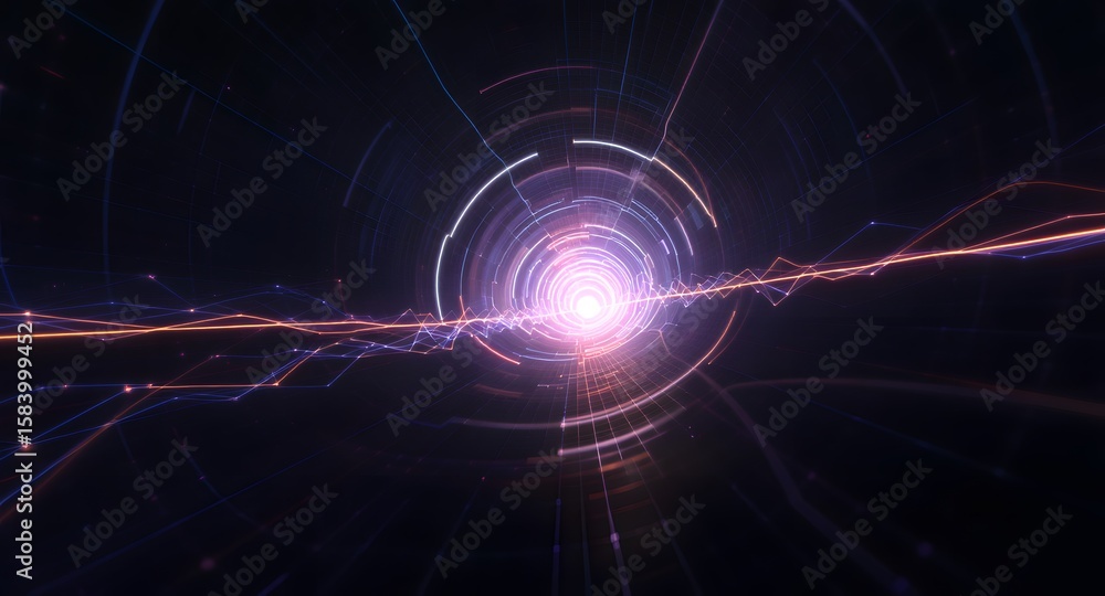 Obraz premium Abstract tunnel of light with a central bright core surrounded by glowing particles and lines creating a sense of depth and motion. Dark blue and purple background with flares