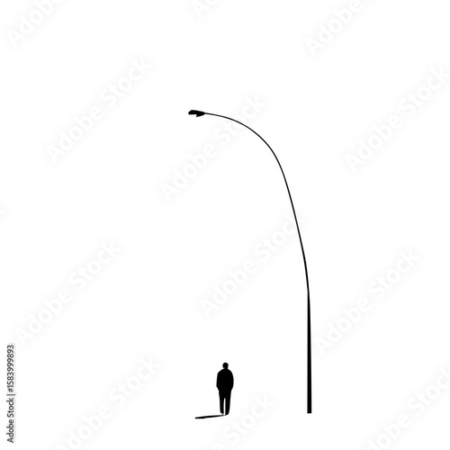 Minimalist monochromic line art illustration of streetlight bending toward person plain white background