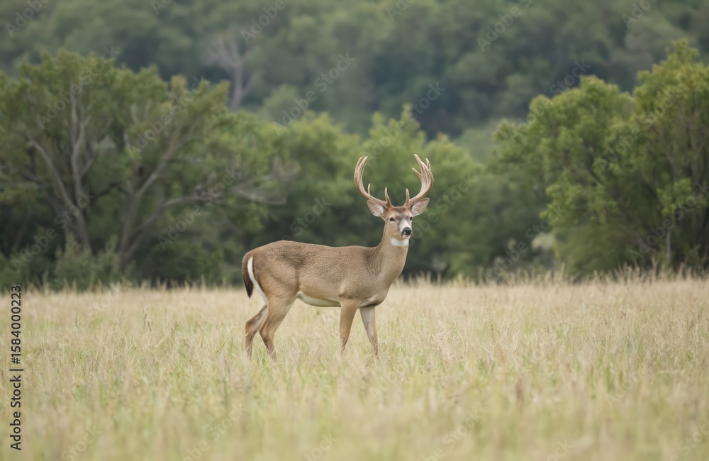 Fototapeta premium White deer buck with brown antlers stands in Texas farmland verdant field. Deer gazing left, surrounded by tall grass, trees in serene natural habitat. Adult cervid mammal outdoors in forest, wild