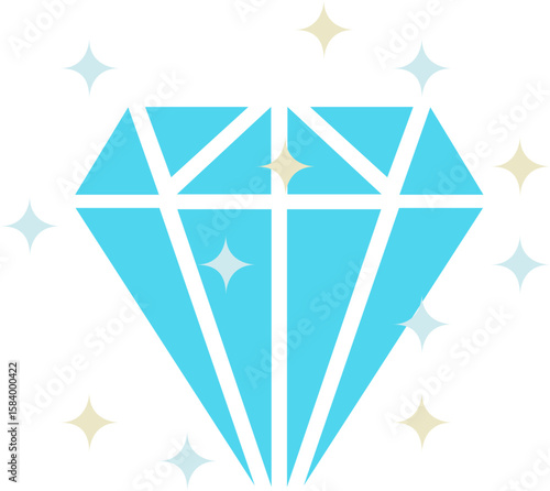 sparkling, light blue diamond icon with facets, surrounded by smaller, scattered starbursts in light blue and beige, symbolizing luxury, value, or brilliance
